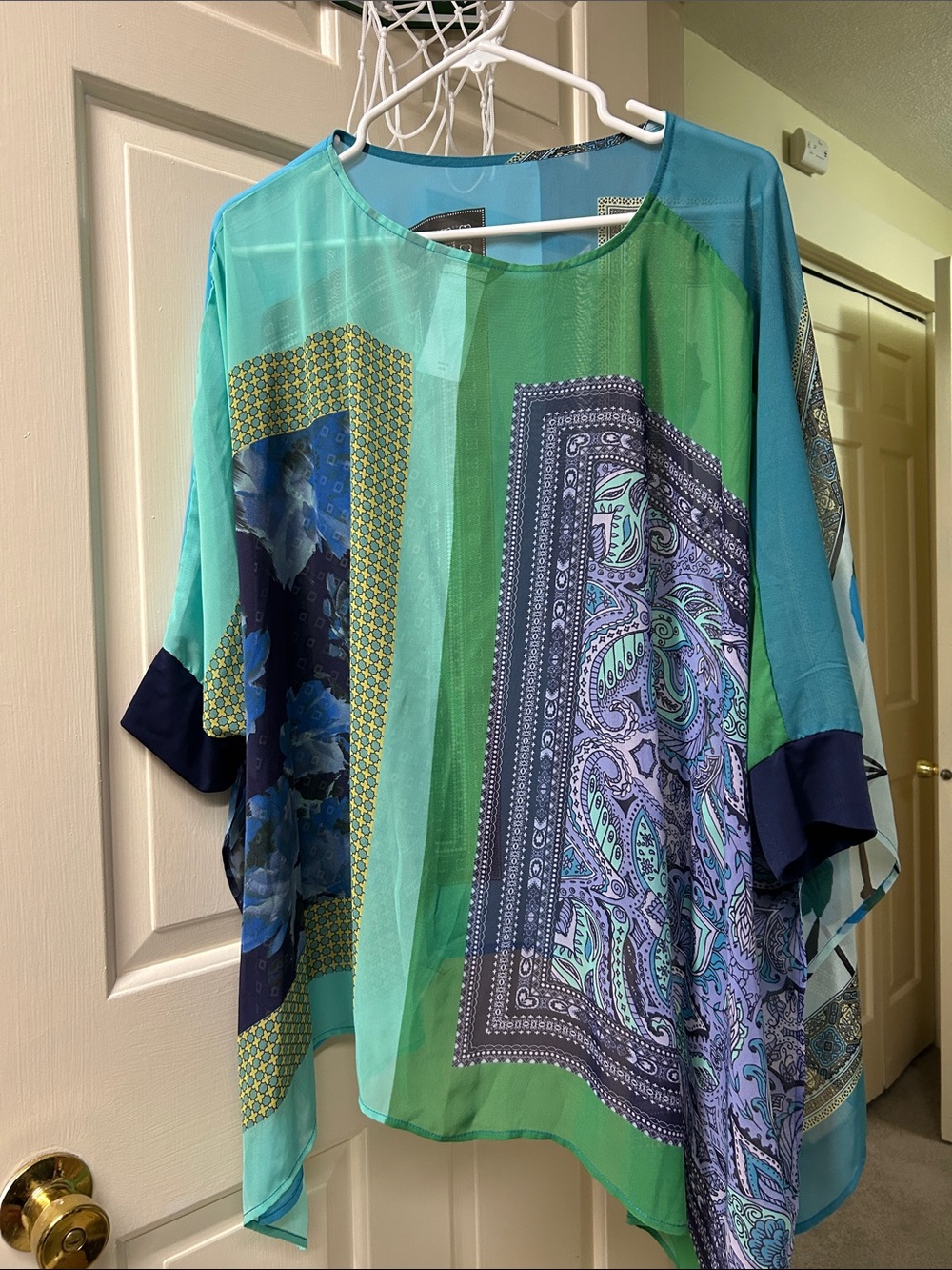 IMAN Green & Teal Patchwork Tunic with Navy Accents